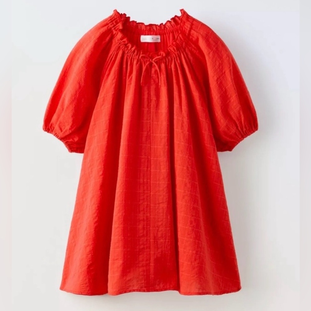 Zara Textured Coral-Red Puff Sleeve Dress Size 7